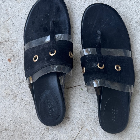 Gucci Black Sandals with Gold Accents - Picture 2 of 12